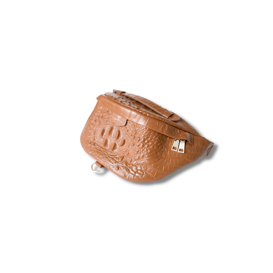 Brown Crocodile Leather Belt Bag, Leather Fanny Pack, Adjustable Cross